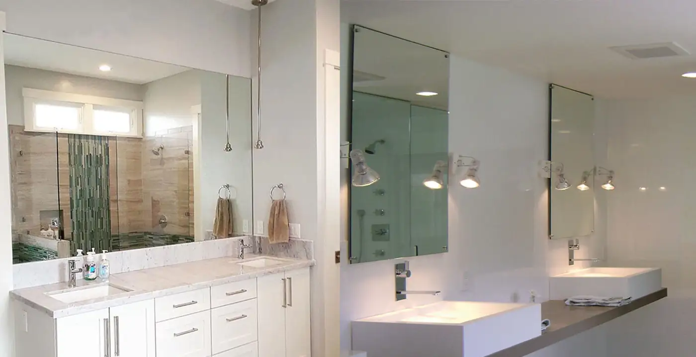 Custom cut vanity mirrors in a bright bathroom