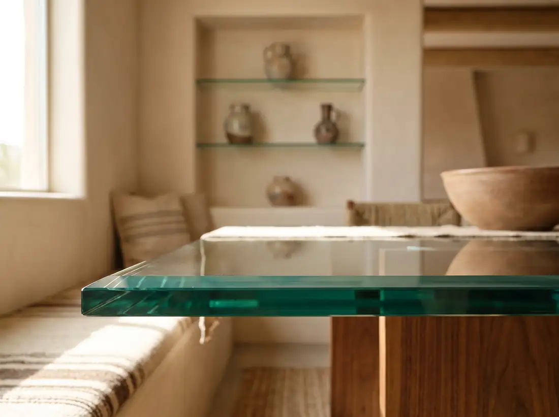Polished bevelled edge on a thick custom cut glass top