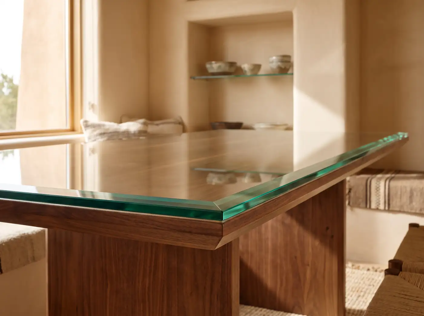 Custom cut glass table top with a polished bevelled edge, and glass shelving