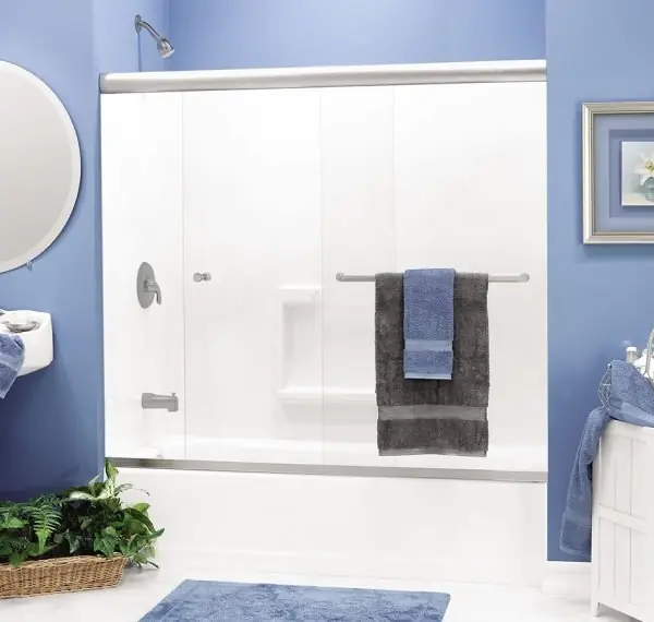 Framed bypass tub enclosure with clear glass