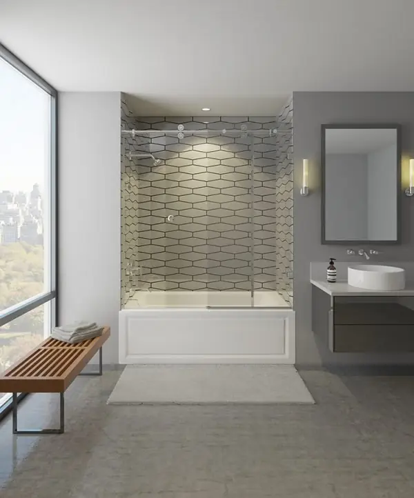Barn style bypass glass door over a bathtub