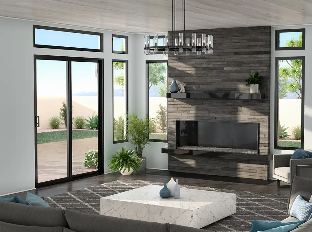Window wall and clerestory glazing beside a hearth in a valley home